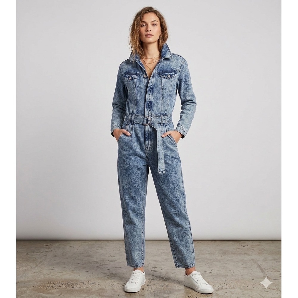 ZARA 100% Cotton Acid Wash Long Sleeve Belted Button Down Denim Jumpsuit Size M